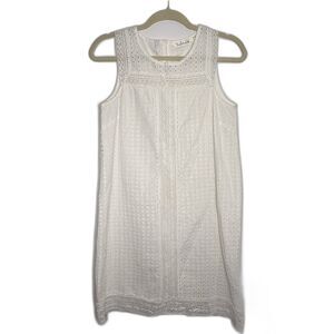 Solitaire White Shift Eyelet Lace Sleeveless White Lined Casual Cotton Dress S